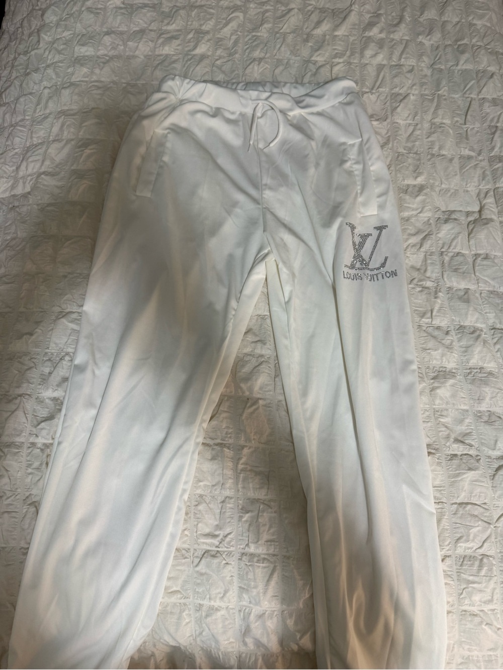 Louis Vuitton White Rhinestone Logo Sweatpants